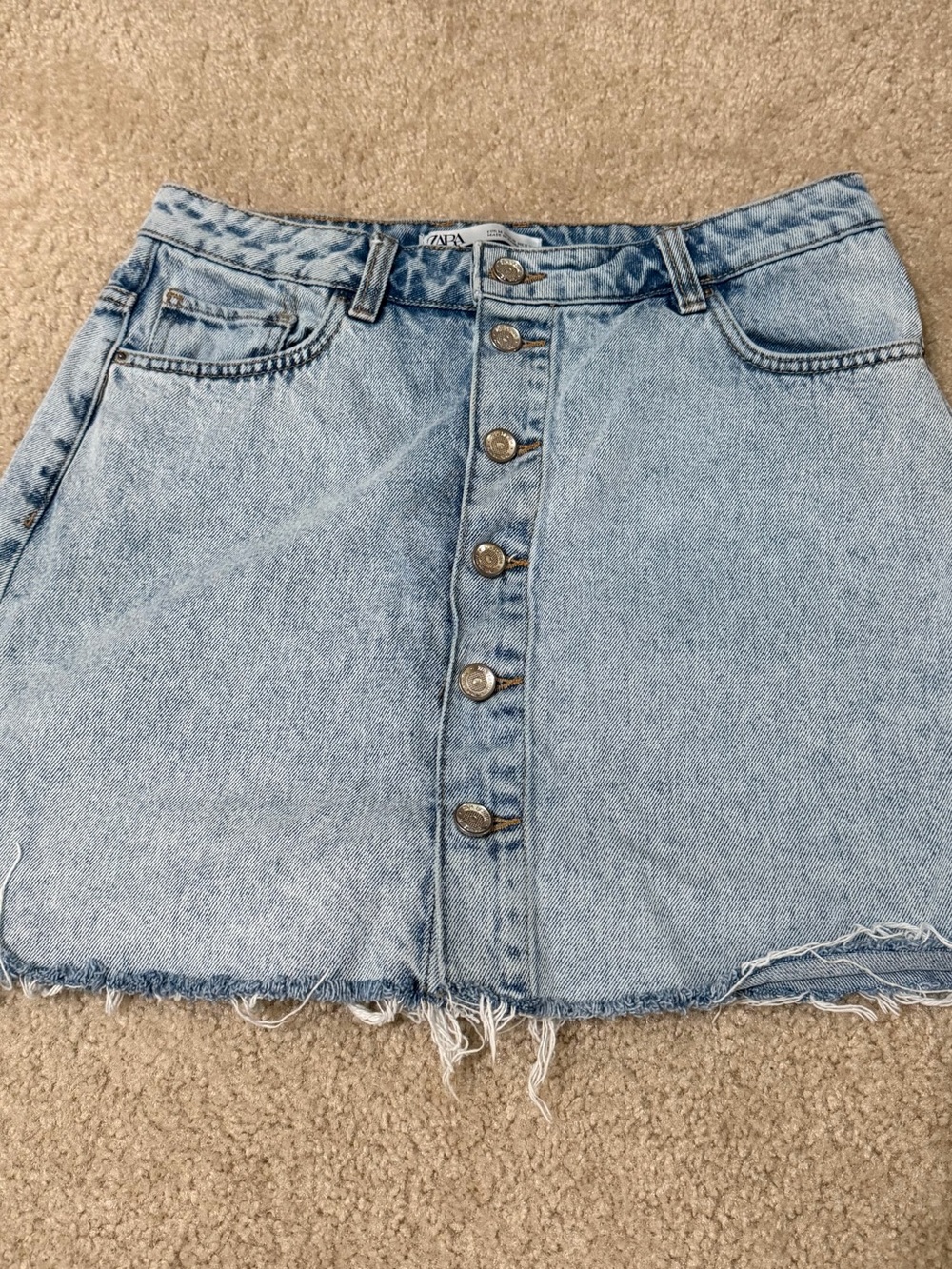 Zara TRF Light Wash Button Front Denim Mini Skirt Raw Hem M